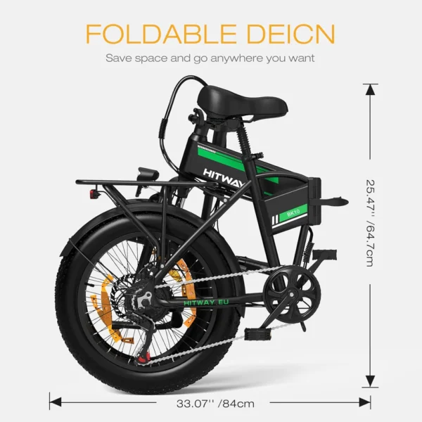 BK10S Folding Electric Bike - Black Orange & Black Green | 48V 13Ah Hidden Battery | 250W Motor | 20"x4.0" Puncture-Resistant Tires - Image 6