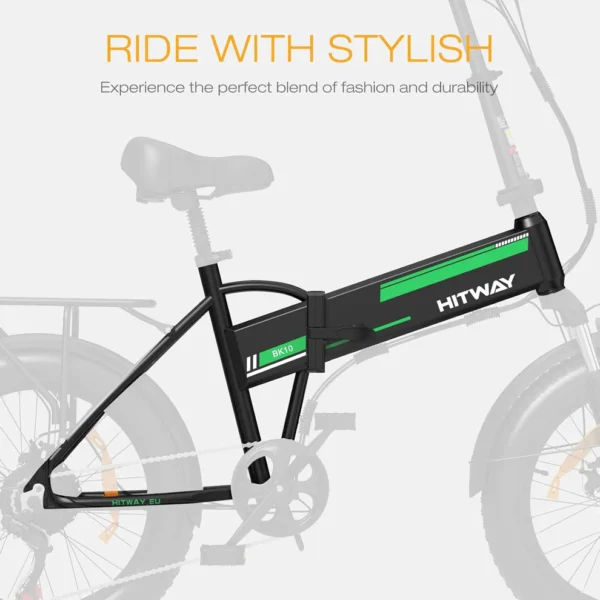 BK10S Folding Electric Bike - Black Orange & Black Green | 48V 13Ah Hidden Battery | 250W Motor | 20"x4.0" Puncture-Resistant Tires - Image 4