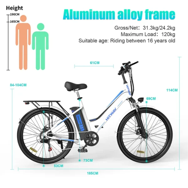 BK8 E-Way Electric Bike - 250W Motor, 26" Fat Tires, 80KM Range, Detachable Battery, 7-Speed Shimano, Unisex Commuter E-Bike - Image 2